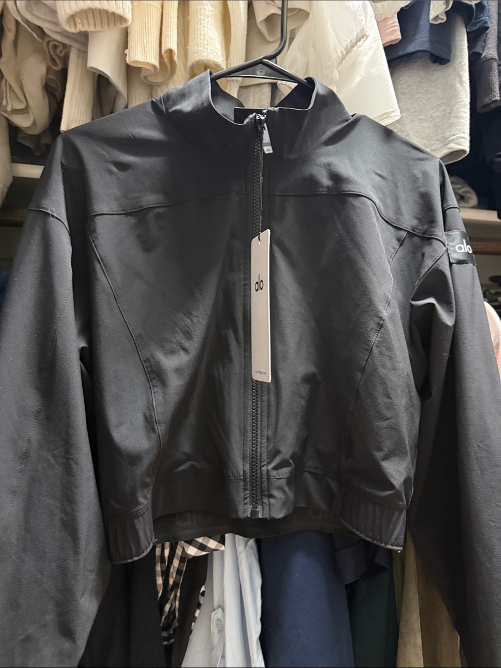 ALO Yoga Black Cropped Zip-Up Bomber Jacket